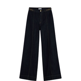Tommy Hilfiger wide-leg jeans in rinse dark denim with contrast stitching and gold-tone chain waist detail
