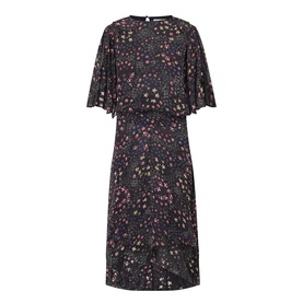 Isabel Marant Etoile Frida Abstract Print Dress in black with multicolour floral pattern, flutter sleeves, cinched waist, semi-sheer overlay, midi