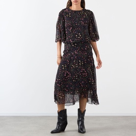 Model wearing Isabel Marant Etoile Frida Abstract Print Dress in black, flutter sleeves, cinched waist, midi length, styled with black western ankle