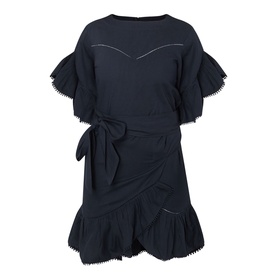 Isabel Marant Etoile Melicia Ruffle Mini Dress in black, boat neckline, short ruffle sleeves, wrap tie waist, pompom trim, mini length
