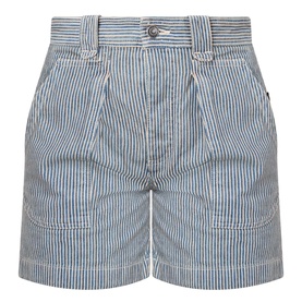 Isabel Marant Etoile Eveja Striped Shorts in blue and white two-tone stripe, mid-rise with large front pockets and rolled hems