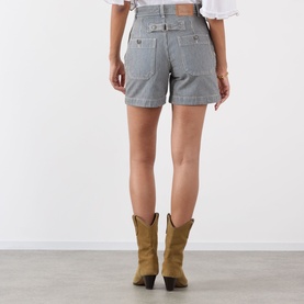 Model wearing Isabel Marant Etoile Eveja Striped Shorts in multi, back view, styled with tan cowboy boots and white top.