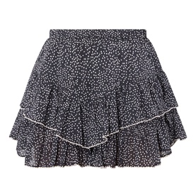 Isabel Marant Etoile Jocadia Layered Printed Mini Skirt in black and ecru, tiered ruffles with scalloped trim and polka-dot print