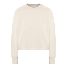 Cream cotton crew neck sweatshirt with tonal embroidered logo at chest, ribbed cuffs and hem, cropped length