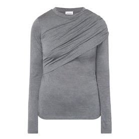Isabel Marant Etoile grey long-sleeve top with asymmetric draped ruching detail across the front bodice, crew neckline