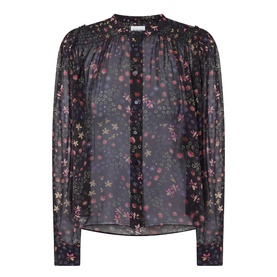 Isabel Marant Etoile Florine Abstract Print Blouse in black, sheer chiffon with floral print, gathered shoulders, ruffled trim, and front button