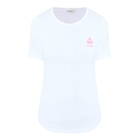 Isabel Marant Etoile Koldia Logo T-Shirt in white with pink chest logo, round neckline, short sleeves, curved hem, slub linen fabric
