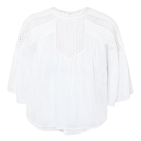 White blouse with mandarin collar, three-quarter frill sleeves, smocked yoke detail and front button placket