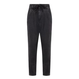 Isabel Marant Etoile faded black cotton denim trousers with elasticated drawstring waist, tapered leg and front pleats