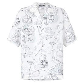 Jacquemus Fish Graphic Bowling Short Sleeve Shirt in off-white with all-over sketched fish and seafood print, notched collar, straight hem