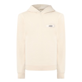 Jacquemus beige cotton hoodie with small logo patch on chest and kangaroo pocket, drawstring hood