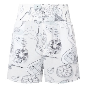Jacquemus Fish Graphic Shorts in off-white with all-over black illustrated print, elasticated waist, mid-rise, side pockets