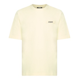Jacquemus The Gros Grain Logo T-Shirt in pale yellow, round neck, chest logo patch, short sleeves, straight hemline