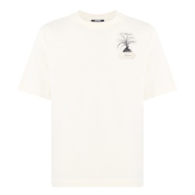 Jacquemus The Palmier Logo T-Shirt in Calisson, cream cotton tee with palm tree graphic print on chest, round neck, short sleeves