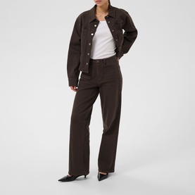 Model wearing Kaffe Coffee Bean wide-leg trousers with matching jacket and white tee, styled with black kitten heel mules.