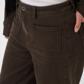 Kaffe Coffee Bean corduroy trousers, close-up of back pocket and waistband detail with button fastening