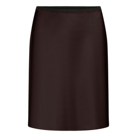 Kaffe Coffee Bean satin mini skirt with black lace waistband trim, knee-length silhouette