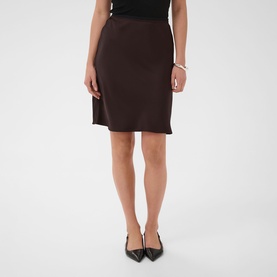 Model wearing Kaffe Coffee Bean knee-length pencil skirt, styled with black top and black pointed-toe heels