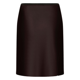 Kaffe Coffee Bean satin midi skirt with elasticated waistband and subtle side split, cut on the bias