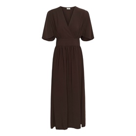 Kaffe Coffee Bean midi dress with V-neckline, short puff sleeves, and gathered waist, in a dark brown woven fabric