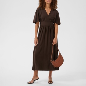 Model wearing Kaffe Coffee Bean midi dress with V-neck, flutter sleeves and gathered waist, styled with black sandals and tan shoulder bag