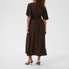 Model wearing Kaffe Coffee Bean midi dress with flutter sleeves and elasticated waist, styled with black heeled mules