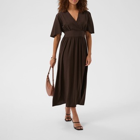 Model wearing Kaffe Coffee Bean midi dress with flutter sleeves and gathered waist, styled with brown bag and strappy heeled sandals.
