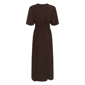 Kaffe Coffee Bean midi dress with short sleeves, elasticated waist, and V-neckline, shown from the back.