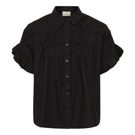 Kaffe black short-sleeve shirt with ruffle sleeves, gathered front panel detail, and button placket in Black Deep.