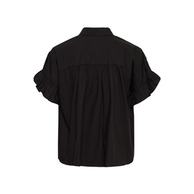 Kaffe black short-sleeve shirt, rear view, showing relaxed fit with gathered back detail and ruffled sleeve cuffs.