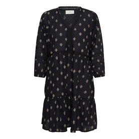 Kaffe women's dress in Black Gray Vintage Baroq, V-neck, 3/4 sleeves, tiered ruffle hem with all-over diamond print
