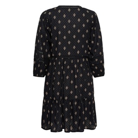 Kaffe womenswear dress in Black Gray Vintage Baroq, tiered midi length, long sleeves, all-over geometric diamond print.