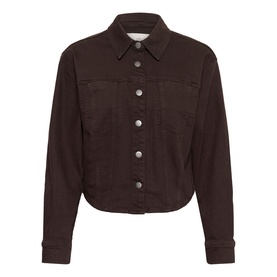 Kaffe Coffee Bean cropped denim jacket with collar, button-front placket, chest pockets, and cuffed sleeves