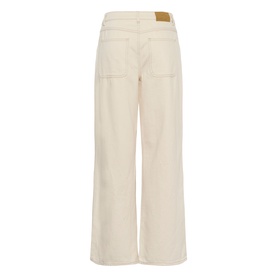 Kaffe wide-leg jeans in Off White Washed, rear view showing patch pockets and tan leather logo tab at waistband