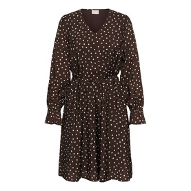 Dark brown polka dot wrap-style mini dress with long sleeves, tie waist, and tiered skirt