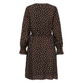Dark brown polka dot wrap dress with long sleeves, smocked cuffs, and belted waist, shown from the back.