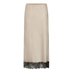 Kaffe midi slip skirt in Feather Gray satin with black lace trim hem detail