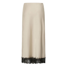 Kaffe midi slip skirt in Feather Gray satin with black lace hem trim and elasticated waistband.