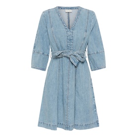 Light blue denim mini dress with V-neckline, three-quarter sleeves, button-front placket, and tie waist belt