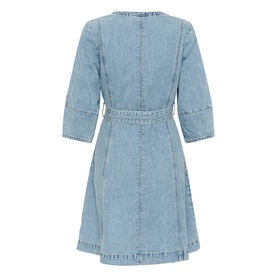 Light blue denim mini dress with three-quarter sleeves, belted waist, and topstitched seam detailing, shown from the back