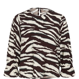 Kaffe long-sleeve blouse in Coffee Bean and Turtledove zebra print, with crew neck and fluted cuffs.