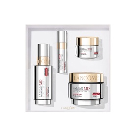 Lanc&ocirc;me skincare set featuring serum, eye cream, day cream and night cream, presented in a white gift box