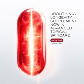 Lanc&ocirc;me Mitopure Urolithin-A advanced topical skincare campaign visual featuring a glowing red capsule illustration