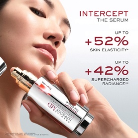 Lanc&ocirc;me Intercept The Serum skincare set, shown in model's hand with campaign claims for skin elasticity and radiance boost.