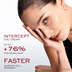 Model with Lanc&ocirc;me Intercept The Cream applied to cheek, skin-tightening moisturiser, promotional lifestyle shot showing texture