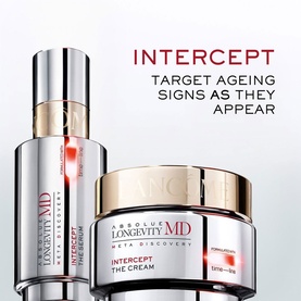 Lanc&ocirc;me Absolue Longevity MD skincare set featuring Intercept The Serum and Intercept The Cream in silver and gold packaging