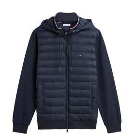 Tommy Hilfiger navy blue hybrid quilted front zip-up hoodie with knit sleeves, red and white tipped hood, and logo badge