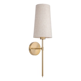 Macquillan Antique Gold wall lamp with slim stem, circular wall mount, and tapered oatmeal fabric shade