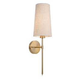 Macquillan antique gold wall lamp with slim rod arm, circular base, and tapered cream fabric shade