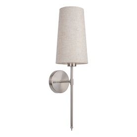 Macquillan nickel wall lamp with slim metal arm, circular mount, and tapered linen-style shade